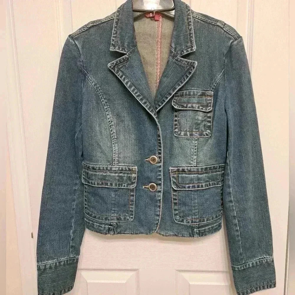 Smart Set Y2K Denim Jacket 2 Button Blazer Blue Size 11 Stretch Mid Wash Classic